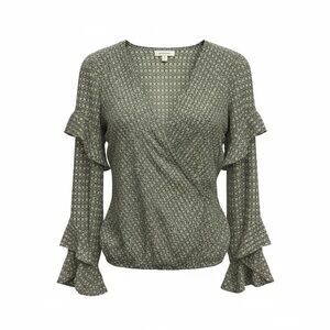 Max Studio Olive Patterned Blouse with Ruffle Sleeves Size M